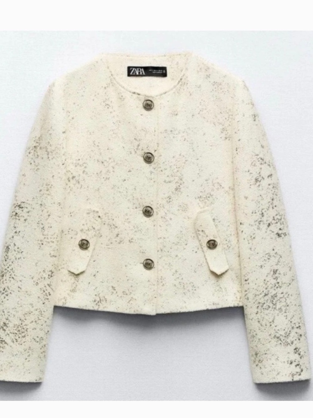 NWT ZARA Cream Metallic Tweed Collarless Blazer with Gold Buttons XS